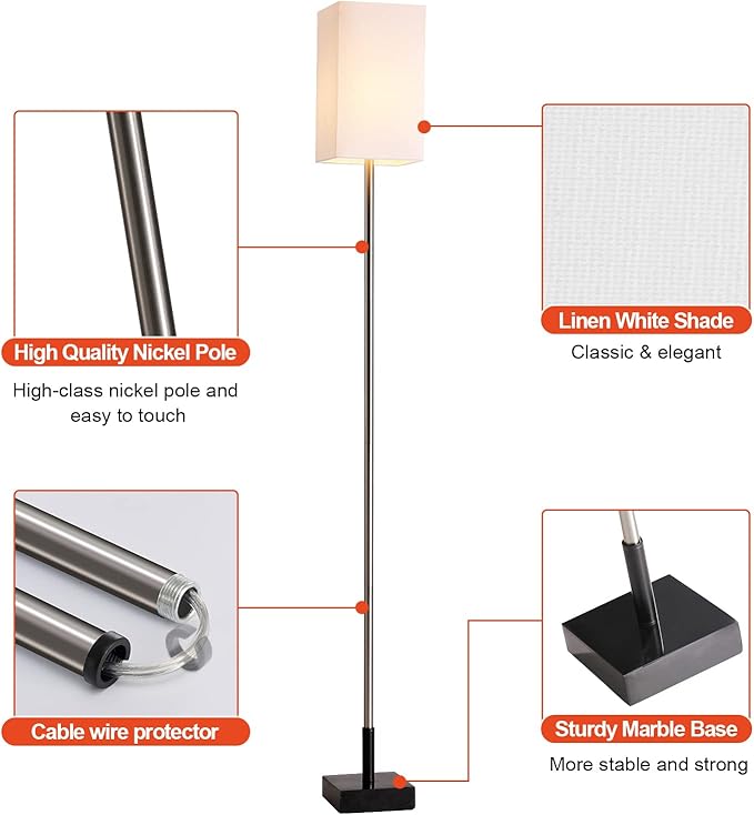 Floor Lamp, 3-Way Touch Control Dimmable Standing Lamp with Sturdy Marble Base, Brushed Nickel Touch Floor Lamp Tall Lamp with Square Linen Shade for Living Room, Bedroom, LED Bulb Included