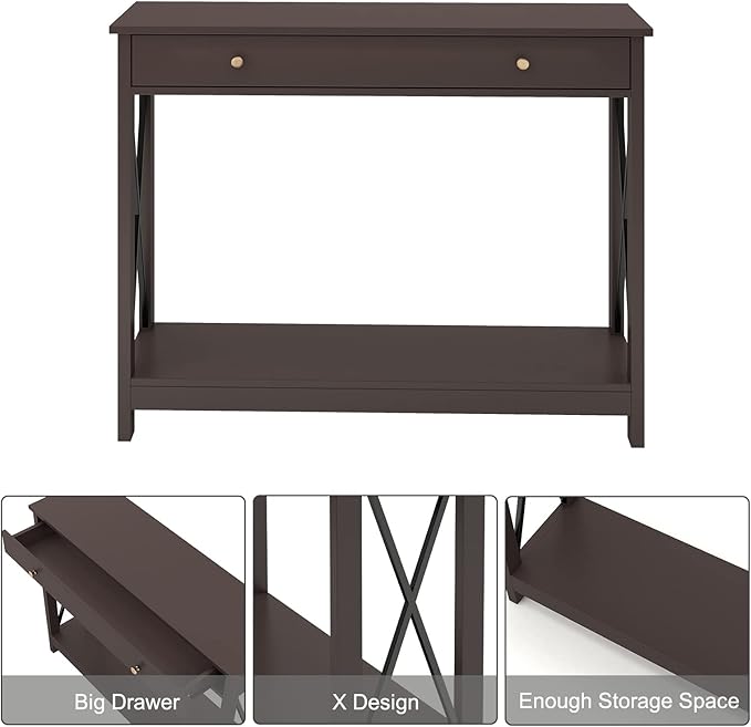 Treocho Black Console Table with Drawer and Storage Shelves, Foyer Sofa Table Narrow for Entryway, Living Room, Hallway