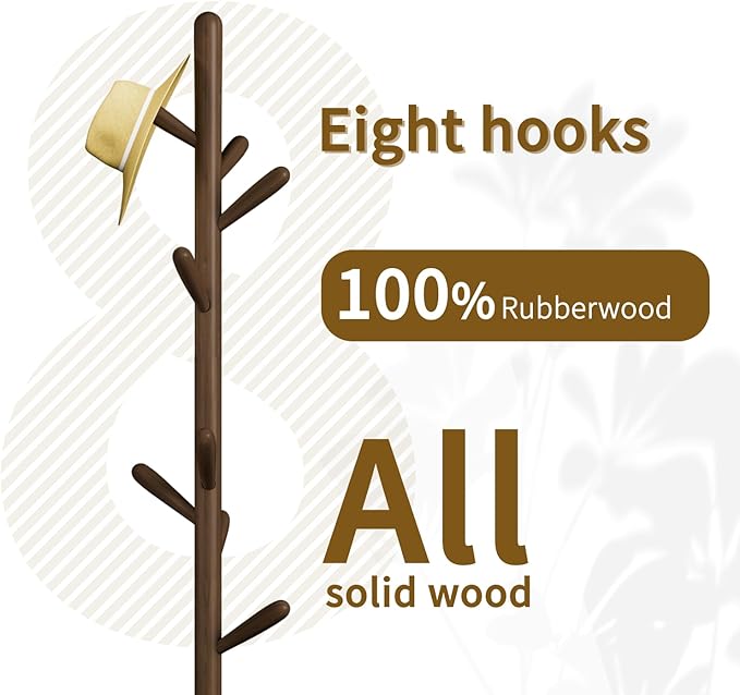 Solid Wood Square Base Coat Rack, Free Standing Hall Coat Tree with 8 Hooks（+2 spare) for Coats, Hats, Bags, Purses, for Entryway, Hallway, Rubberwood Hooks,Base and Pole,(Square Base, Dark Walnut)
