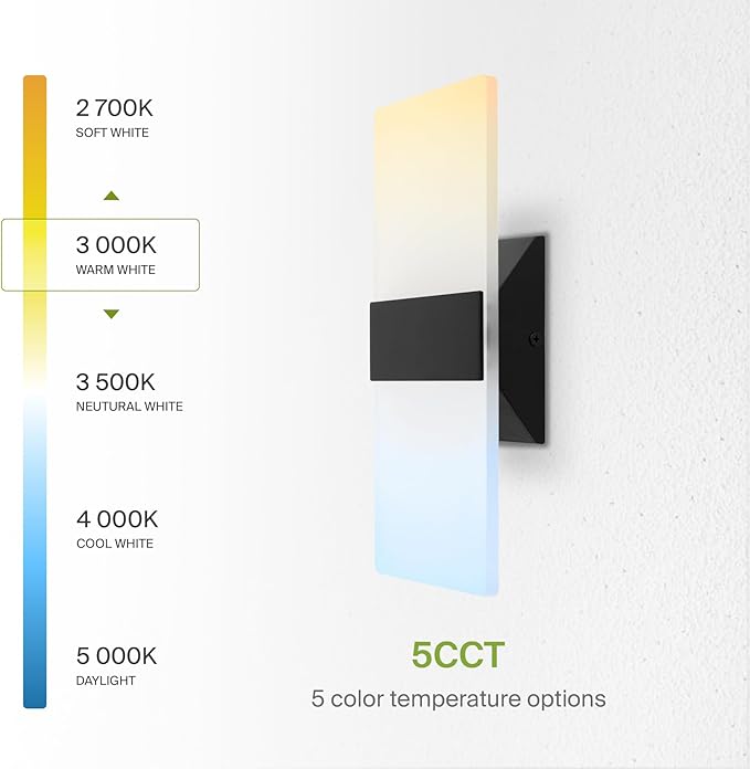 ASD 12 Inch LED Indoor Wall Sconce - Modern Interior 12W 2700K-5000K Adjustable Dimmable Wall Mounted Light Fixtures, Acrylic Glass Wall Lights for Stairway, Hallway - UL, Matte Black