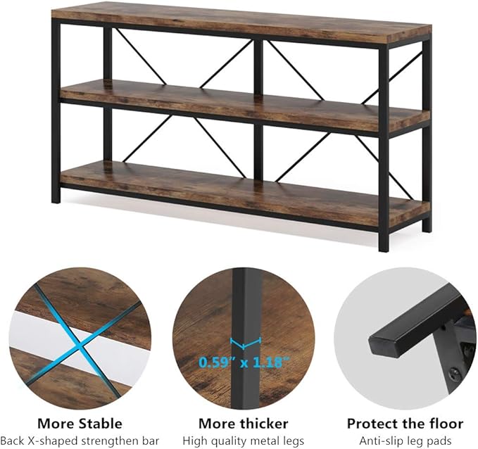 Tribesigns 55 Inches Long Sofa Table with Storage Shelves, 3 Tiers Industrial Rustic Console Table with Open Shelves, Three Decorative Shelf, Open TV Shelf for Living Room, Hallway, Book