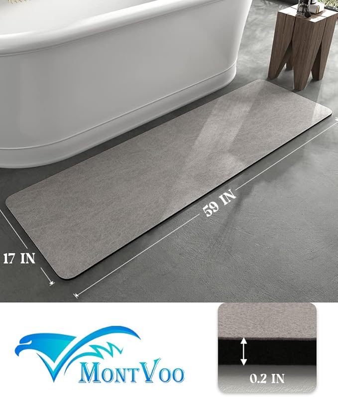 MontVoo -Bath Mat Rug-Rubber Backing Non Slip Quick Dry Absorbent Thin Bathroom Rugs Fit Under Door-Faux Suede Surface Bathroom Floor Mats-Shower Rug for in Front of Bathtub Shower Gray 17"x59"