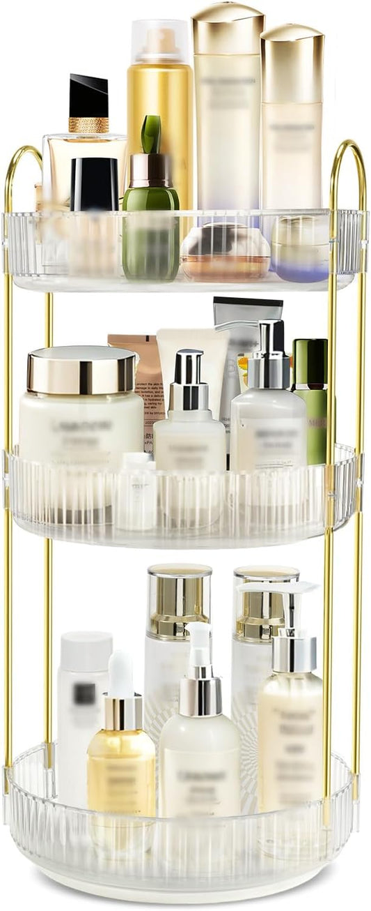 360 Rotating Makeup Organizer for Vanity,3 Tier Large Capacity Skincare Organizers,Bathroom Counter Organizer, transparent Spinning Perfume & Vanity Organizer (White, 3 Tier)