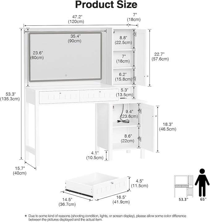 Anmytek Makeup Vanity Desk with Mirror and Lights, Dressing Table with 2 Large Drawer & 2 Storage Cabinet,Vanity Desk with Power Strip, 36" Mirror with 3 Lighting Modes, Suitable for Bedroom, White