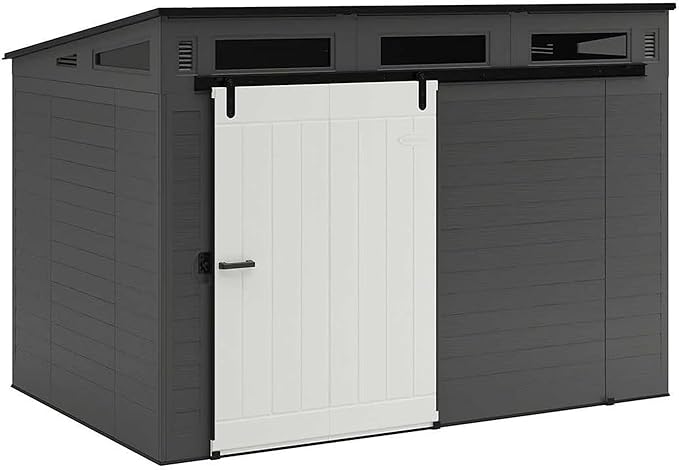 Suncast Modernist 10 Foot by 7 Foot Outdoor Plastic Storage Shed with Pad Lockable Sliding Barn Door for Outdoor Storage Items, Gray and Black