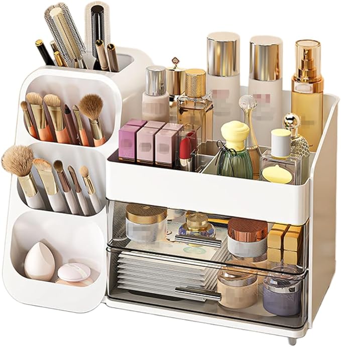 Makeup Organizer with Drawer, Skincare Products Perfume Desk Storage Box, Beauty Holder Rack for Lipstick Brush Eyeliner, Cosmetic Display Case for Dresser Countertop & Bathroom Vanity (White)