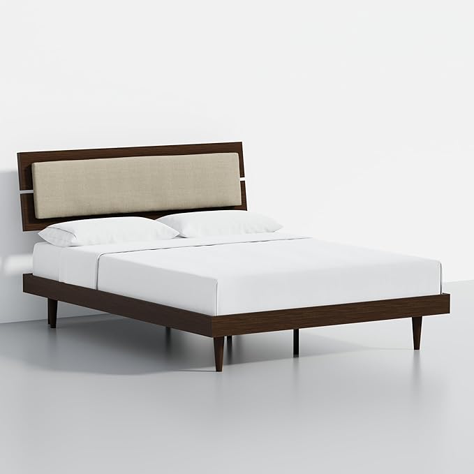 Modern Solid Wood Platform Bed with Adjustable Headboard with Cushion – No Box Spring Needed,Fast Assembly – Queen Size in Walnut