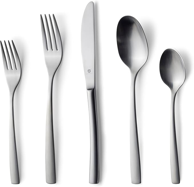 Matte Silverware Set, 18/10 Stainless Steel Satin Flatware, Modern Brushed Finish Cutlery, Dishwasher Safe & Durable, Built to Last (40-Piece, Sleek)