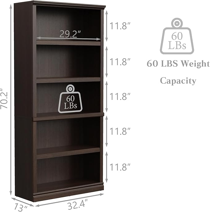 Bookshelf, Open Storage 70 Inch Tall 5 Shelf Bookcase, Floor Standing Bookshelves and Bookcases, Book case for Farmhouse Library Office Bedroom Kids, Dark Cherry - 5 Tier