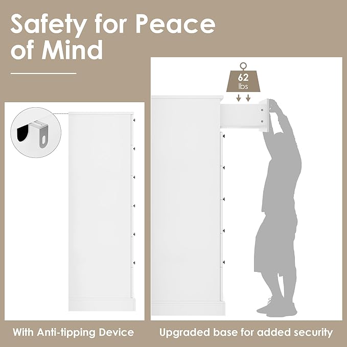 HOSTACK White 6 Drawer Dresser for Bedroom, 52" Tall Dresser & Chest of Drawers, 29" W Wood Drawer Chest, Modern Vertical Storage Cabinet for Living Room, Entryway, Hallway