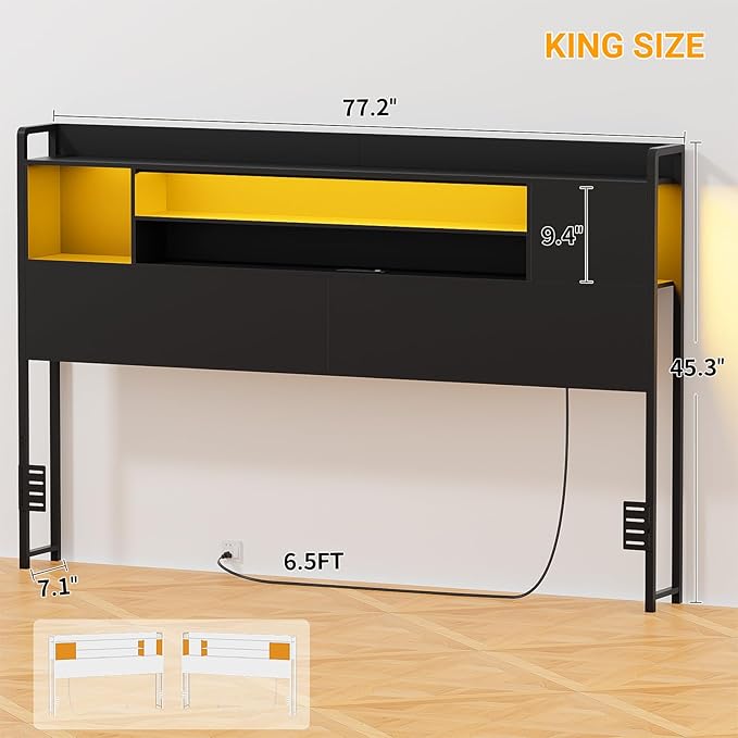 Unikito Headboard for King Size Bed, Bookcase Style Head Board with Power Outlet and RGB LED Light, Reversible Headboard with Storage, Height Adjustable, Sturdy and Stable, King Size, Black