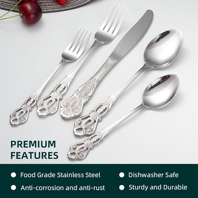 20-Piece Stainless Steel Flatware Set, Silver Silverware Set Service for 4, Cutlery Utensils Set, Include Fork Knife Spoon Set, Dishwasher Safe