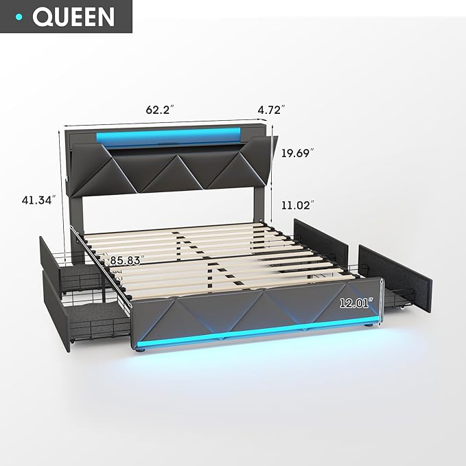 Vabches Queen Bed Frame with Storage Headboard and 4 Drawers,Upholstered Platform with Charging Station and Led Lights,Adjustable Headboard with Pu Leather,No Box Spring Needed,Black