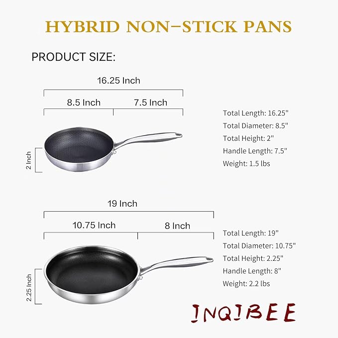 Inqibee 8.5-10 Inch Hybrid Non Stick Tri-Ply Stainless Steel Frying Pan Set with Lid,Inductiong Cooking Pans Set of 2,Dishwasher and Oven Safe