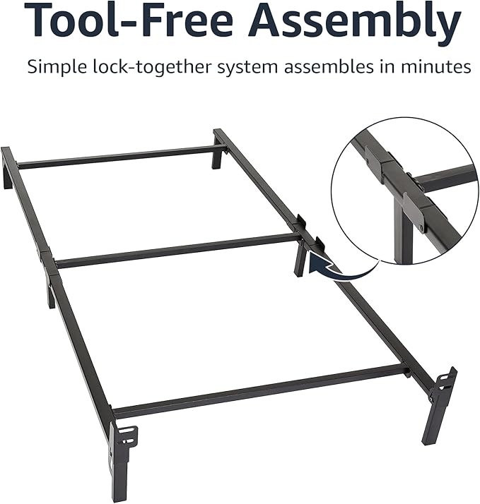 Amazon Basics Metal Twin Size Bed Frame, 6-Leg Base for Box Spring and Mattress Support, Tool-Free Easy Assembly, Black