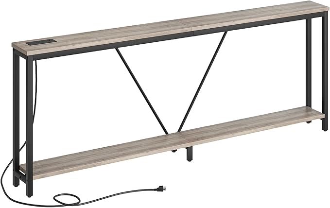 HOOBRO 78.7" Extra Long Sofa Console Table with Charging Station, 2-Tier Behind Couch Table with V-Brace, for Narrow Entryway, Hallway, Living Room, Greige BG206UXG01