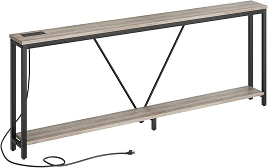 HOOBRO 78.7" Extra Long Sofa Console Table with Charging Station, 2-Tier Behind Couch Table with V-Brace, for Narrow Entryway, Hallway, Living Room, Greige BG206UXG01