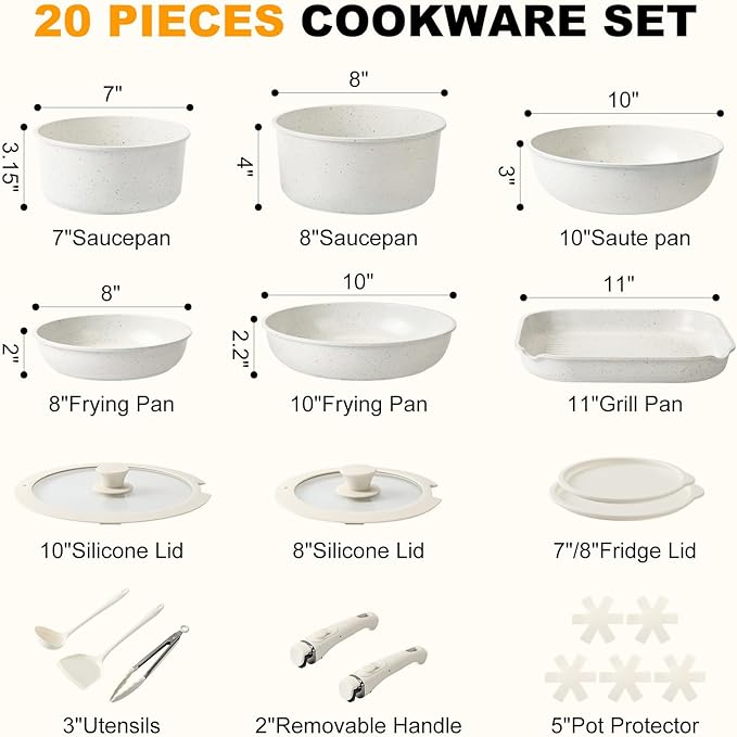 20 Pcs Ceramic Cookware Set Non Stick Frying Pots and Pans Set Non Toixc Cookware-PFAS/PFOA/PTFE Free, with Removable Handle for RV Kitchen, Induction & Dishwasher Safe Cream White
