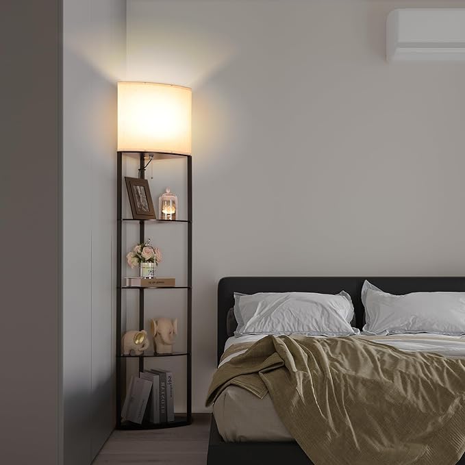 Floor Lamp with Shelves, Sector Corner Shelf Lamp with 3 Color Temperature Bulb, with Linen Lampshade Bookshelf Corner Display Lamp for Living Room, Bedroom and Office(Black)