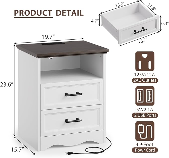 19.7" Night Stand with Charging Station, Farmhouse End Table with 2 Drawers Storage, White Wooden Nightstand, Bed Side Table with Open Shelf, Bedside Cabinet for Living Room, Closet