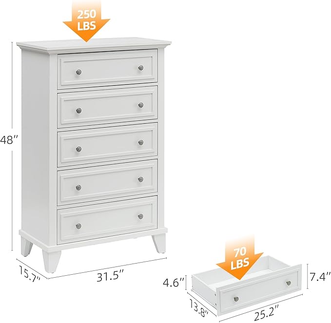 GAOMON White 5 Drawer Dresser for Bedroom, 48" Tall Wood Dresser & Chests of Drawers with Deep Drawers, Modern Chest Organizer with Metal Handles for Living Room, Hallway, Entryway