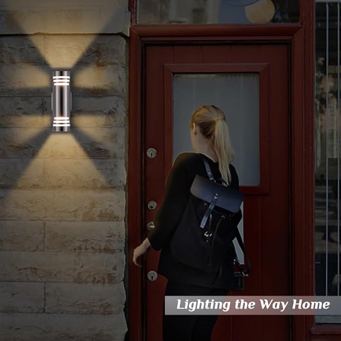 SHIMR Dusk to Dawn Outdoor Wall Light, Exterior Light Fixture Stainless Steel, Outdoor Sconce Lights Cylinder, Waterproof Up and Down Light Wall Mount Electroplated Silverl Finsh, LED Bulbs Include