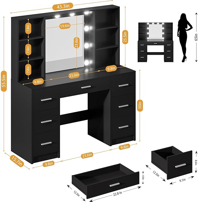 Large Vanity Desk with Mirror, 10 Lights and Power Outlet, Makeup Vanity with Shelves and 7 Drawers, Vanity Desk Dressing Table with 3 Color Light Adjustable, Vanity Table for Bedroom (Black)