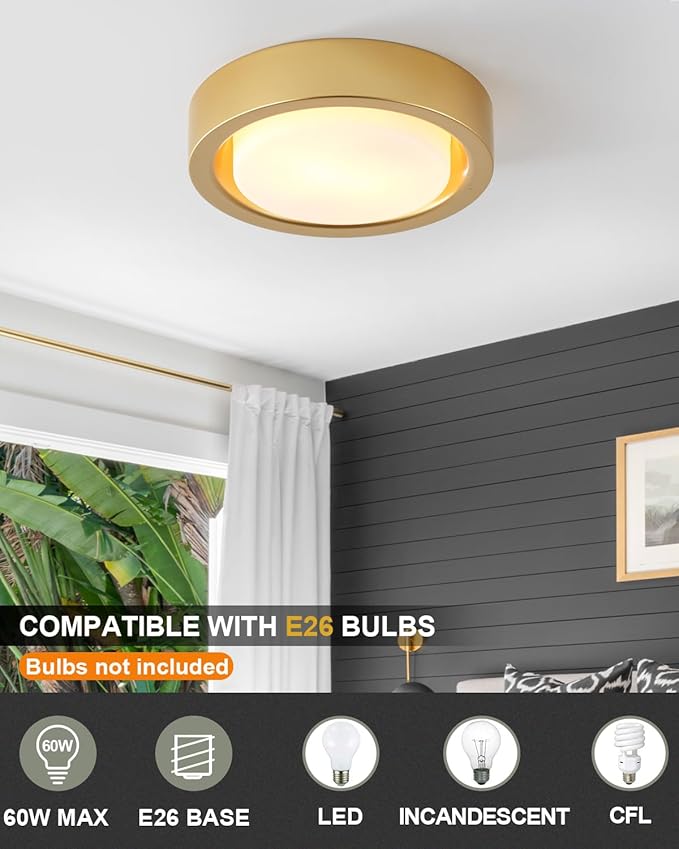 13 Inch Flush Mount Ceiling Light,Gold Finish Plate with Frosted Glass Shade,Round Ceiling Lighting Fixture for Hallway Bedroom Closet Livingroom Kitchen Stairwell (Gold)