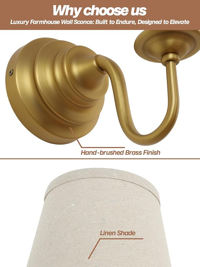Vintage Fabric Wall Sconce Light with Curved Arm, Rustic Linen Cloth Wall Light Fixtures, Hardwired Brass Wall Mounted Lamp for Bathroom Vanity Bedroom Living Room
