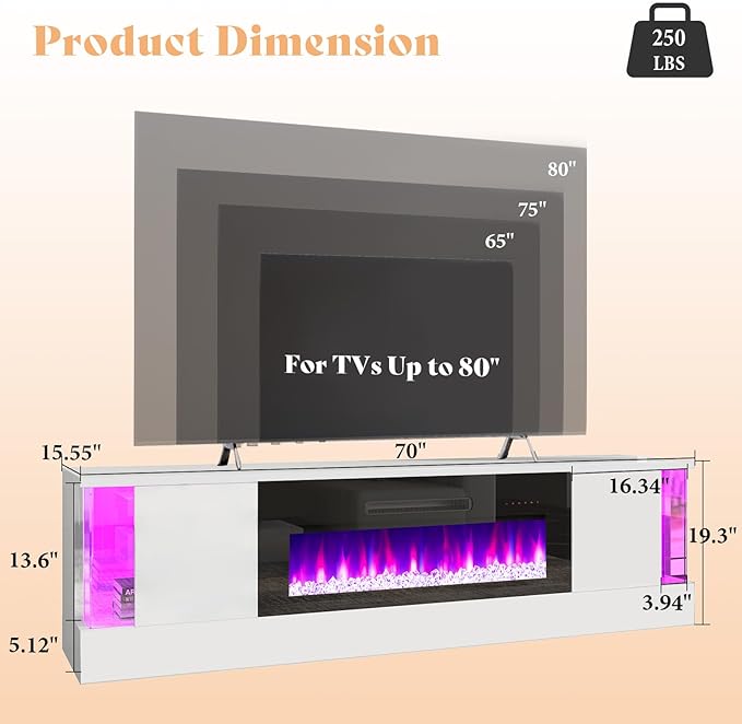 AMERLIFE High Gloss Fireplace TV Stand with 36" Fireplace, 70" LED Lights Entertainment Center with Flip Doors & Corner Glass Decor, Modern Console Table for TVs up to 80", Living Room, White