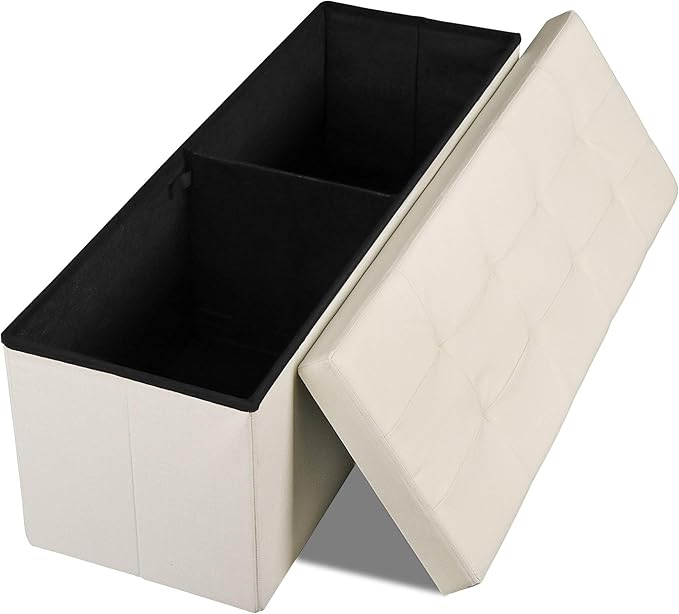 SUPER DEAL Storage Ottoman Bench, 43 Inches Folding Ottoman Foot Rest, Storage Chest with Padded Seat, End of Bed Bench for Living Room Bedroom Entryway, Load 660 lbs, 15" x 43" x 15" Beige