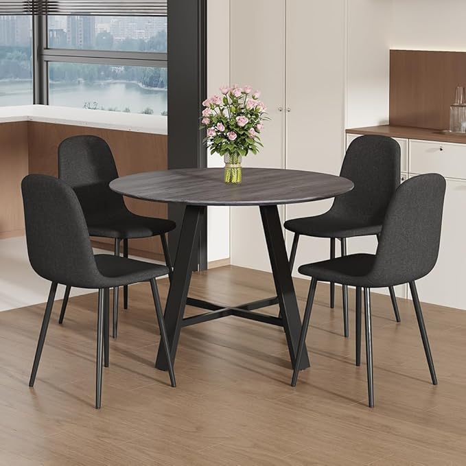 Round Dining Table Set for 4, Round Kitchen Dining Table and Chairs Set for 4,42" Modern Dining Room Table Set for 4 with Upholstered Chairs for Small Space Kitchen Office Cafe Apartment