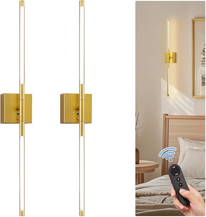 DORESshop Battery Operated Wall Sconces Set of Two with Remote Control, Rechargeable Wall Sconce, 350°Rotate Dimmable Wireless Wall Sconce for Living Room, Hallway, Bedroom, 29 Inch, Gold(2 Pack)