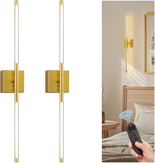DORESshop Battery Operated Wall Sconces Set of Two with Remote Control, Rechargeable Wall Sconce, 350°Rotate Dimmable Wireless Wall Sconce for Living Room, Hallway, Bedroom, 29 Inch, Gold(2 Pack)
