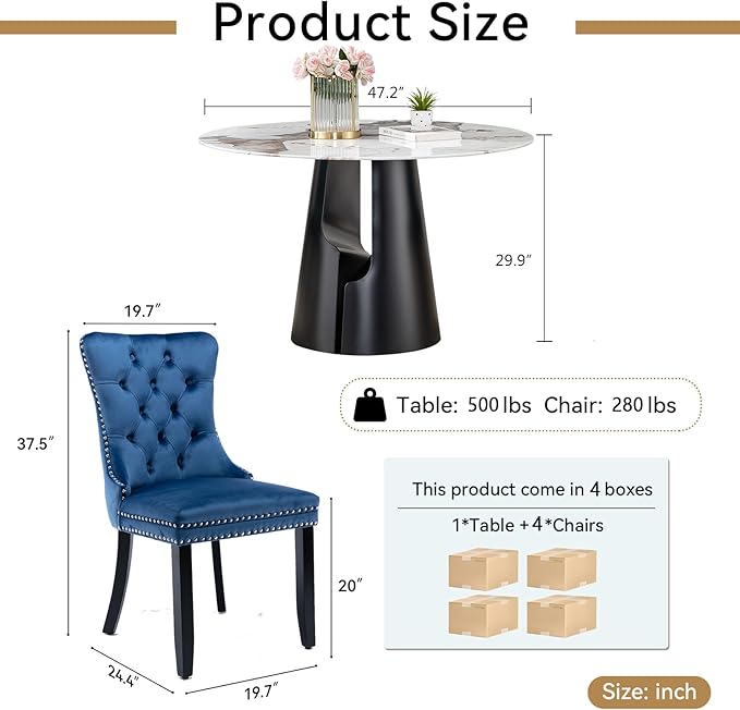 5-Piece Faux Marble Round Dining Table Set for 4, Modern Luxury Kitchen Table Set for 4 with Blue Tufted Chairs,Circle Dining Tables with Pandora Grain Top and Black Pedestal Base