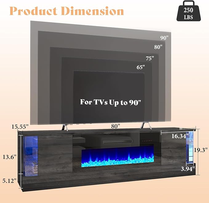AMERLIFE Glossy Oak Fireplace TV Stand with 40" Fireplace, 80" LED Lights Entertainment Center with Flip Doors & Corner Glass Decor, Modern TV Console Table for TVs up to 90", Living Room, Black
