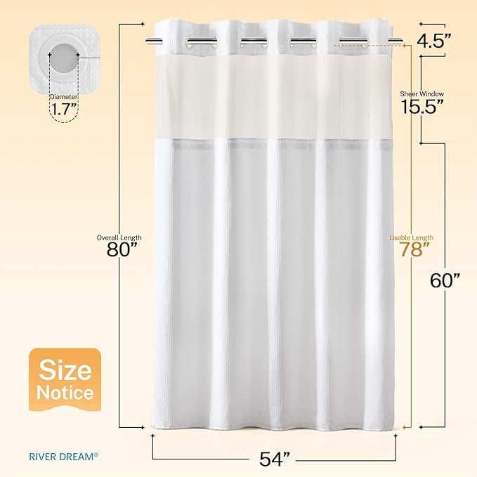 River Dream Stall Heavyweight No Hooks Required Dotted Waffle Weave Shower Curtain with Snap in Liner- 54W x 80H,Hotel Grade,Spa Like Bath Curtain,White