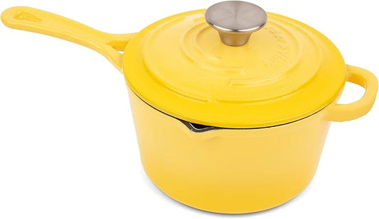Larder & Vine Enameled Cast Iron Saucepan | 2.2 qt Sauce Pan with Lid | Saucepan with Pour Spouts | Enameled Cast Iron Pot Compatible on All Cooktops & Oven Safe to 500° F | Limoncello
