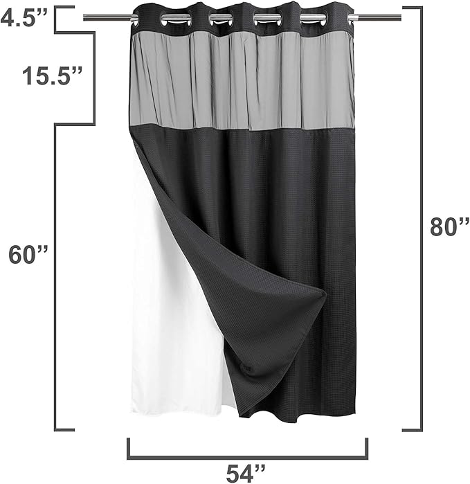 River Dream Heavyweight No Hooks Required Dotted Waffle Weave Shower Curtain with Snap in Liner -Stall 54W x 80H,Hotel Grade,Spa Like Bath Curtain,Black