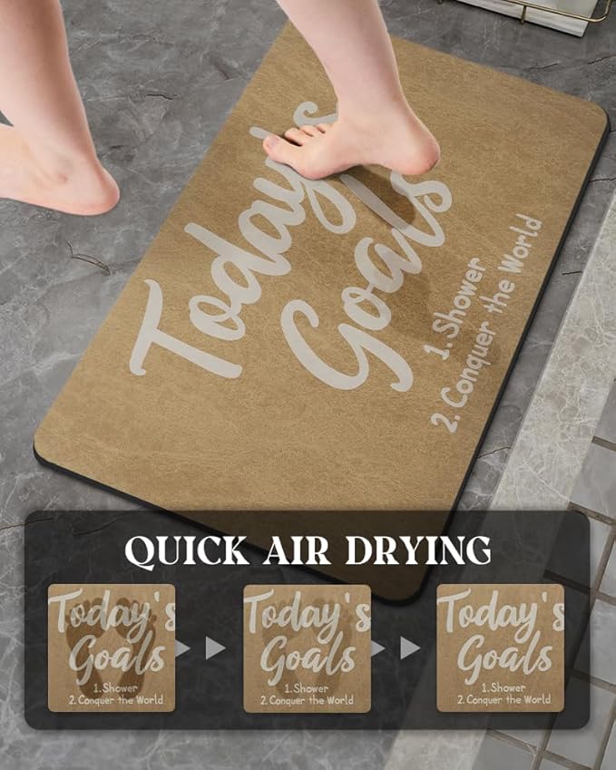 MontVoo -Bath Mat Rug- Non Slip Quick Dry Absorbent Thin Bathroom Rugs Fit Under Door-Faux Suede Surface Bathroom Floor Mats-Shower Rug for in Front of Bathtub Shower 17 X27.5 Camel Text Pattern