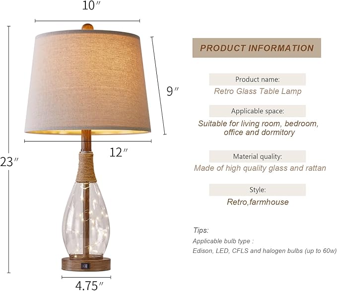 OYEARS Table Lamp Sets of 2,Lamps for Living Room,Bedside Lamps with USB A+C and Nightlight,Retro Farmhouse Rattan Glass,for Bedroom Living Room Bedroom,Two Light Points,23"