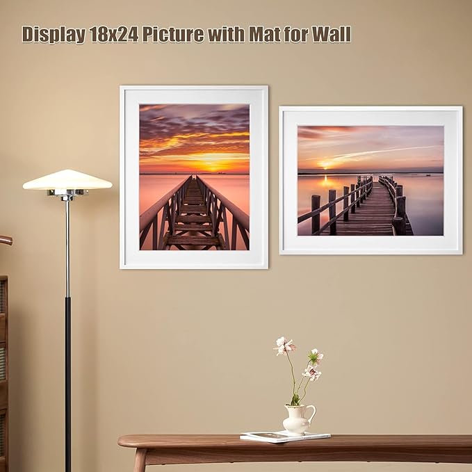 Egofine 22x28 Solid Wood Picture Frame, Made of Solid Wood Covered by Plexiglass 18x24 with Mat 22x28 without Mat, Poster Frame for Wall Mounting Hanging Photo Frame Vertically or Horizontally, White