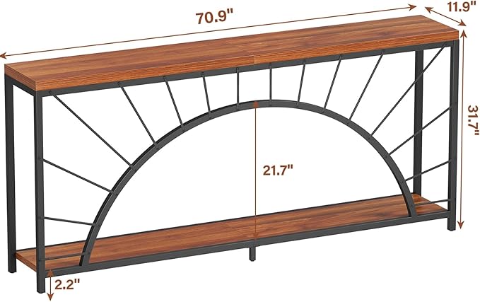70.9 Inch Console Table, Extra Long Industrial Sofa Tables, 2-Tier Behind Couch Table, Foyer Tables for Entryway, Hallway, Living Room, Unique Design, Brown