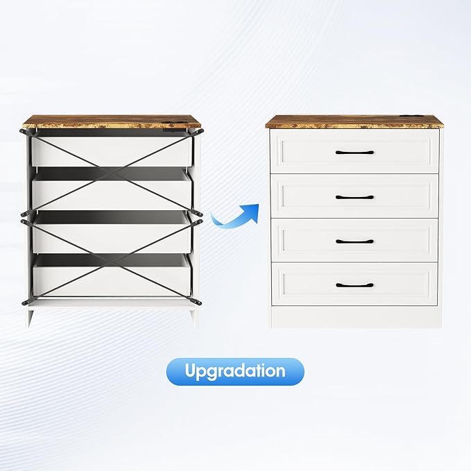 Fameill Dresser for Bedroom, 4 Drawer Small Dresser Organizer with Charging Station for Livingroom, Chest of Drawers with Metal Handles, Farmhouse White