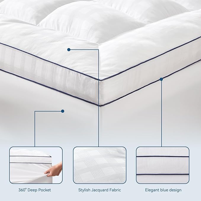 ELEMUSE Twin Cooling Mattress Topper, Extra Thick 1300gsm Mattress Pad for Back Pain Relief, Plush 500TC Cotton Pillow Top with Deep Pocket, Overfilled with Mixed Advansa Down Alternative Filling