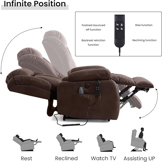 TEKAMON Dual Motor Power Lift Recliner Chair for Elderly, Breathable Leather Recliner with Heat & Massage, Lay Flat Sleeping Chairs with Infinite Position, Remote Control & USB Ports(Brown)