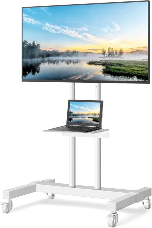 TVON Upgraded Mobile TV Stand on Wheels for 32-80 inch Flat Screen/Curved TVs up to 110 lbs, Height Adjustable Mobile TV Cart with Metal Laptop Shelf, Rolling TV Stand for Home and Office Use,White