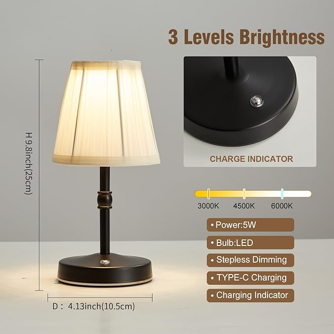 5W LED Cordless Mini Lamp,3000 mah Battery Operated Lamps,3 Color Temperature Dimmable Table Light,Small Rechargeable Lamp,Kitchen Lamps countertop,Restaurant (Black)