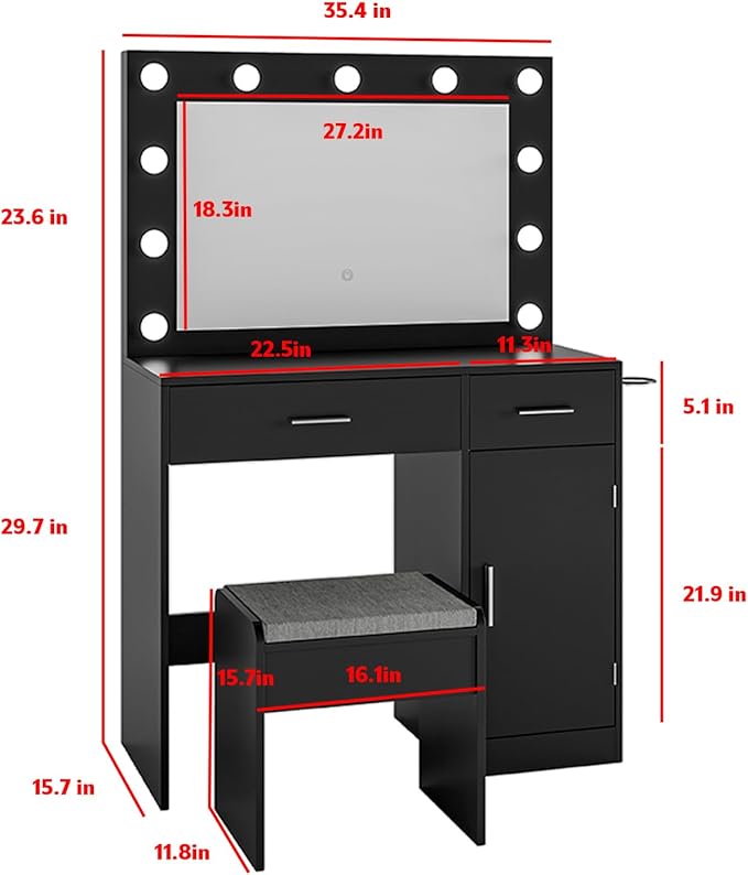 Vanity, Vanity Desk with Mirror, Large Drawer and Power Socket with 11 Light Bulbs and 3 Adjustable Lighting Modes, Vanity Table Ideal for Bedroom (Black)