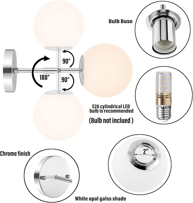 Modern Globe Wall Sconce Industrial Bathroom Vanity Wall Light with White Globe Glass Lampshade Elegant Mid Century Ball Lighting Fixture (Chrome Color)